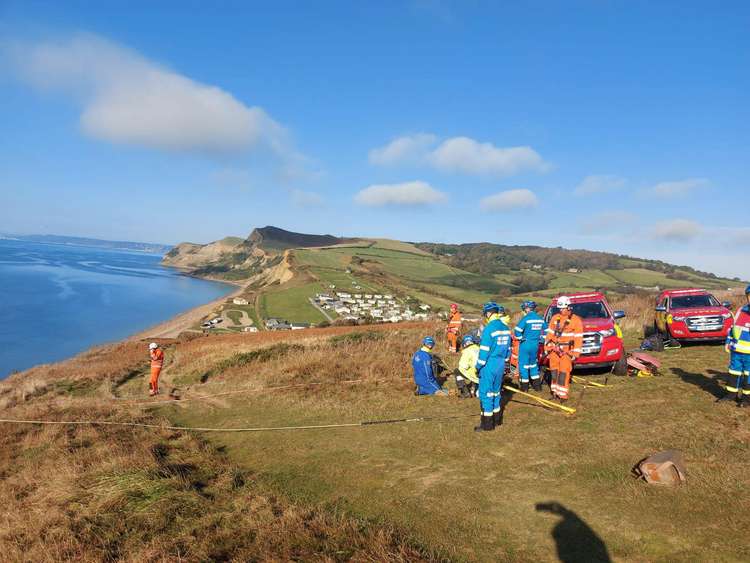 Bridport, Weymouth and Poole fire crews and West Bay and Lyme Regis coastguard teams rescue Max the dog who had gone over the cliff at Eype Image: Bridport Fire Station