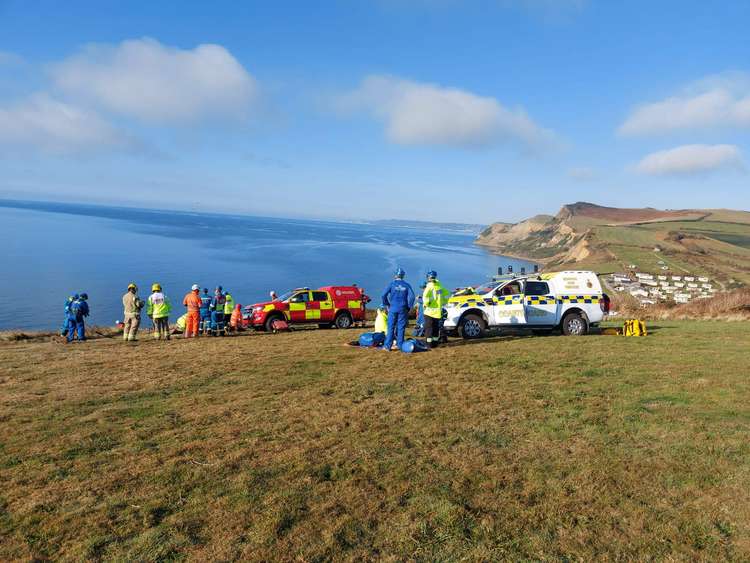 Bridport, Weymouth and Poole fire crews and West Bay and Lyme Regis coastguard teams rescue Max the dog who had gone over the cliff at Eype Image: Bridport Fire Station