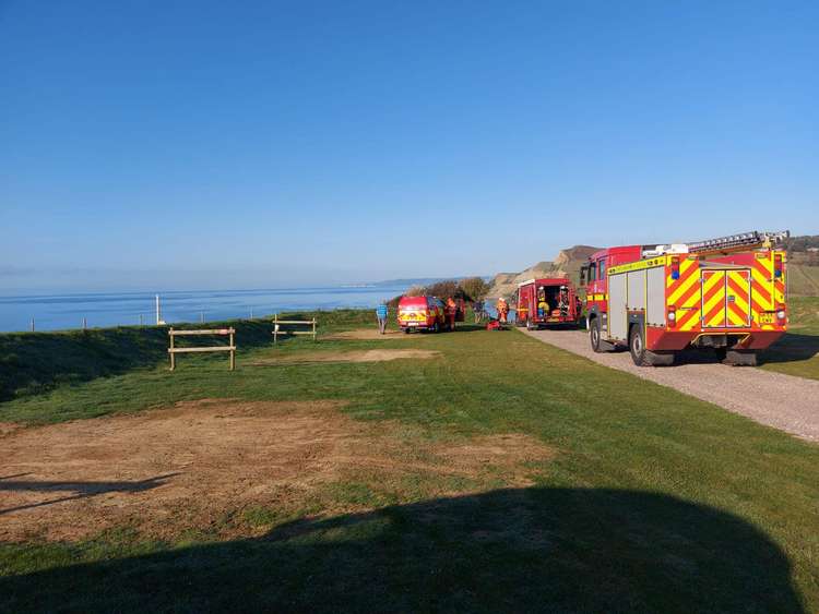 Bridport, Weymouth and Poole fire crews and West Bay and Lyme Regis coastguard teams rescue Max the dog who had gone over the cliff at Eype Image: Bridport Fire Station