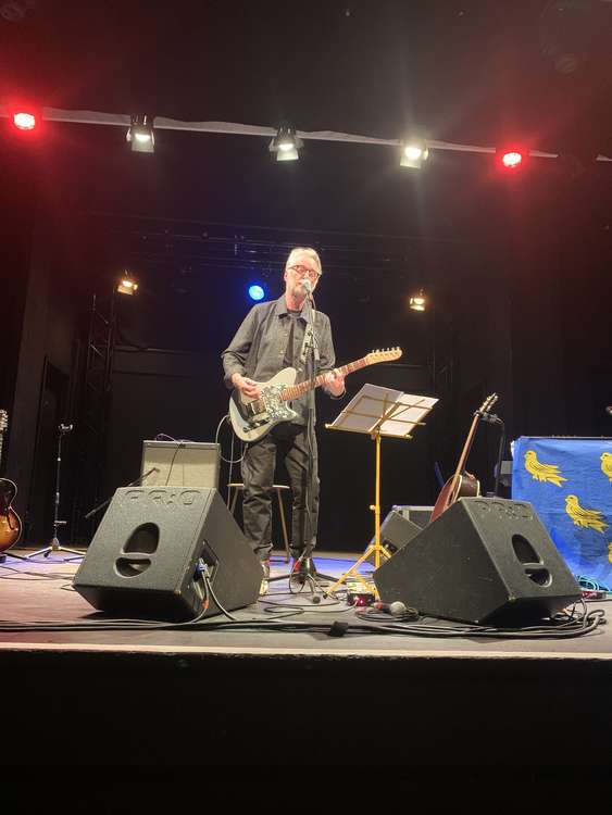 Billy Bragg on stage at Bridport Arts Centre