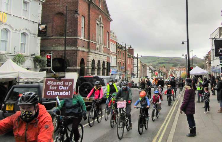 West Dorset Friends of the Earth and friends cycle through Bridport in global day of action against climate change (Image: Will Austin)