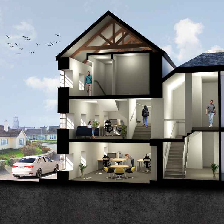 The redevelopment will create eight office and light industrial units, this image showing a cross section of how the old mill house will look