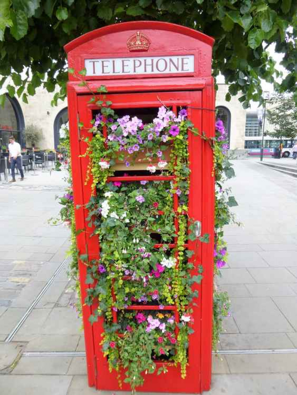 An example of how a traditional red telephone box has been used as a planter