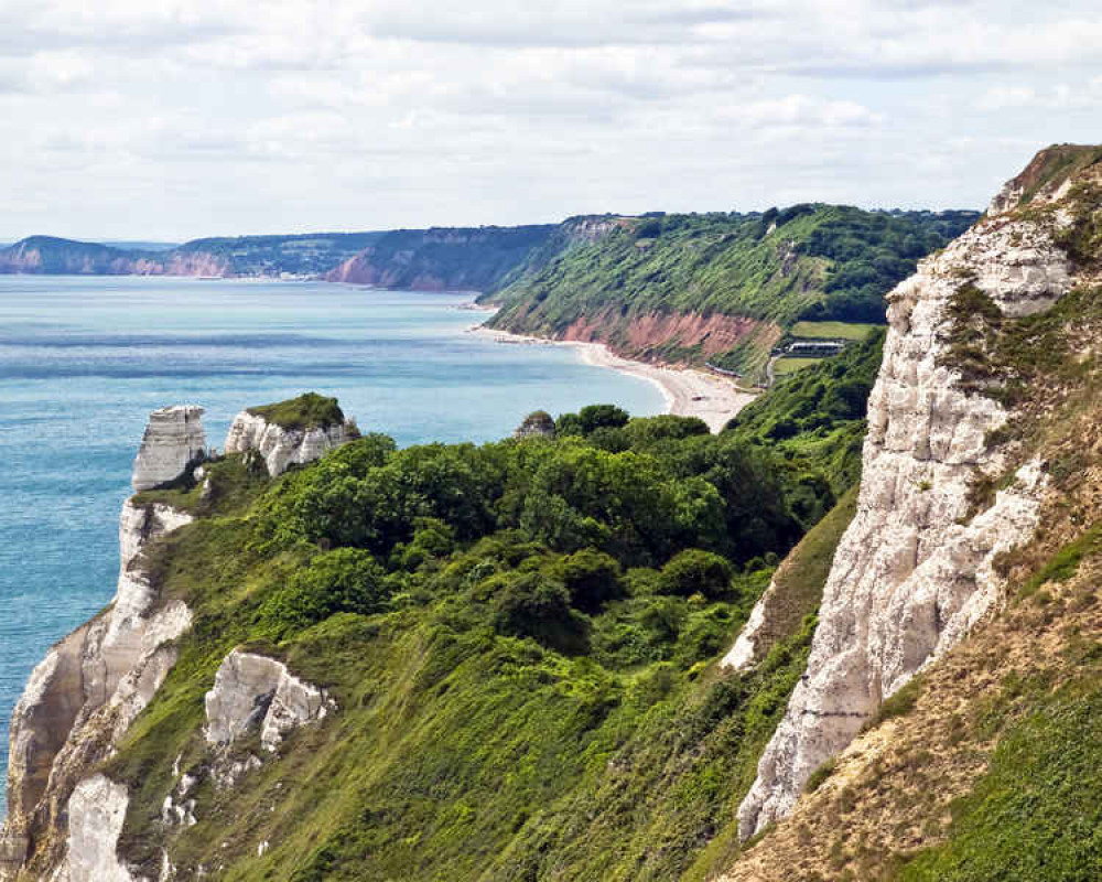 The view from the South West Coast Path at Beer Head, looking towards the Hooken landslip of 1790, Branscombe Mouth and Sidmouth