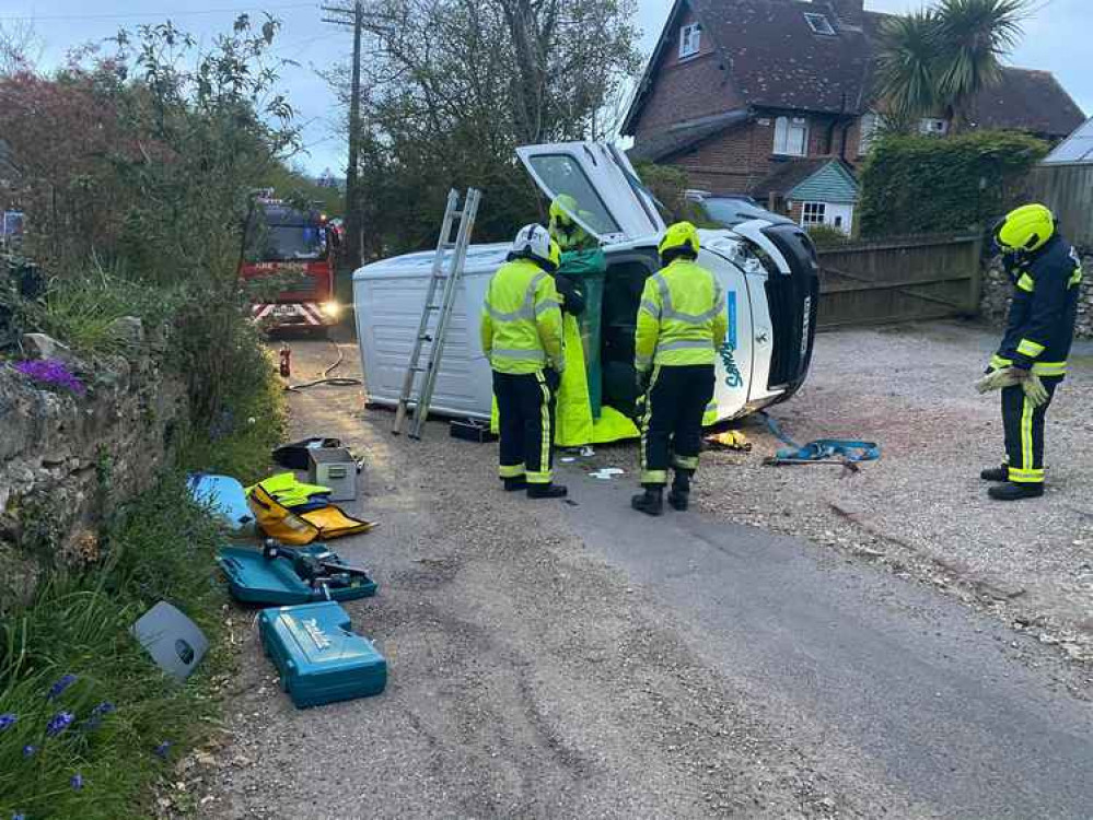 Emergency services were called to Shells Lane where a van had turned on its side (photo credit: Colyton Fire Station)