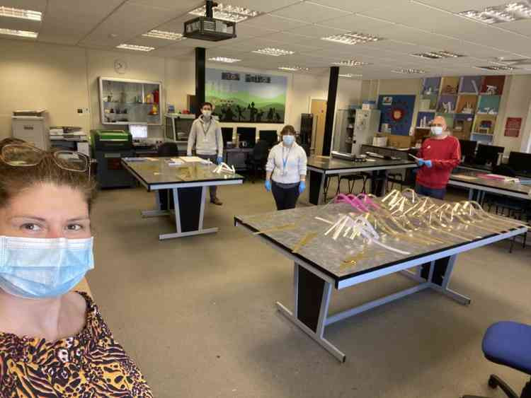 Observing all Govt PPE and social distancing guidelines, CHS Design and Technology staff worked together to create visors for NHS and other frontline workers. From left to right Head of DT - Kathy Stanier, DT Teacher - Mark Calogirou, DT Teacher - Cathy