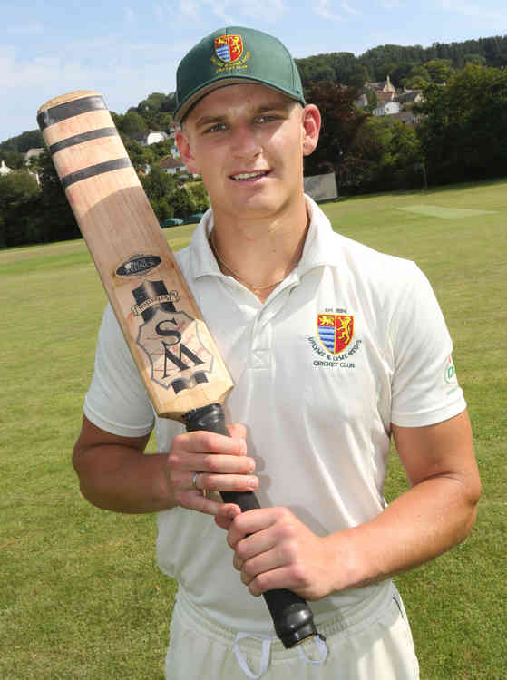 Tyler Wellman, a distant cousin of England Test captain Ken Barringtonb, pictured after scoring his third consecutive century for Uplyme and Lyme Regis CC to lead the Nub News top ten batsman competition. Photo by Richard Austin