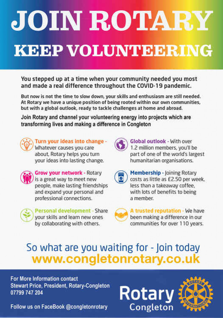 Rotary-Congleton is co-ordinating the volunteer recruitment to help marshal the town hall Covid-19 vaccination roll-out