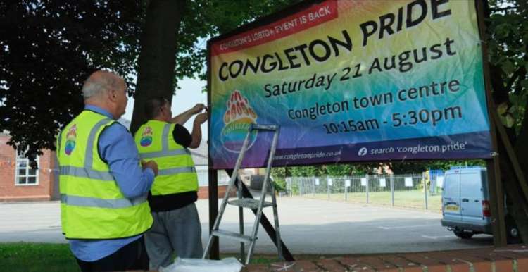 The Congleton Pride banner being installed at New Life Church on 25th July