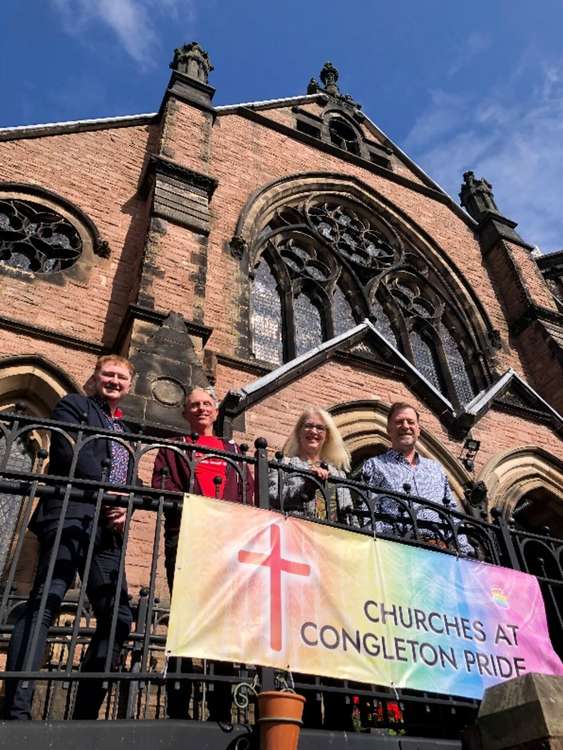 The pride team arrives at URC. From left: James Cheffings, Shaun Radcliffe, Cllr Kay Wesley, Mike Wesley.