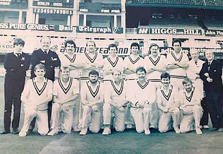 LININGUPATLORDS: Back row from the left – Richard Matthews, Dennis Applebee, John Stamp, Philip Evans, Mike Danham, Roger Fisher, Ian McMurtry, Arthur Larcombe, Jim McMurtry (umpire), Ray Lesis (president). Front row from left – Derek Wellman