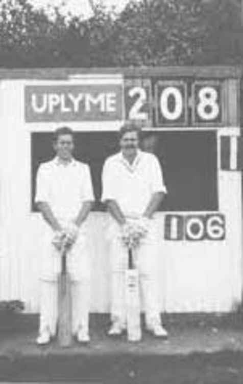 Opening bats Michael Denham and Ian McMurtry who put on an unbeaten 208 for the first wicket pictured outside the old scorebox.