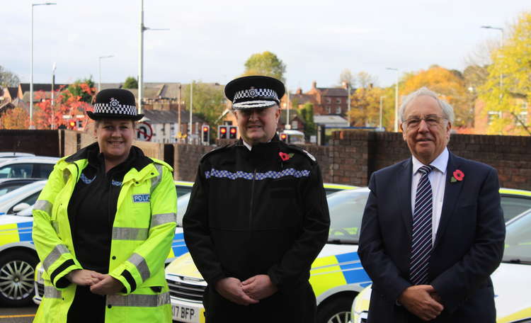 Chief Inspector Claire Jesson, Cheshire Police and Crime Commissioner John Dwyer, Chief Constable Mark Roberts, in the back of Congleton Police Station, with Mountbatten Way in the background.