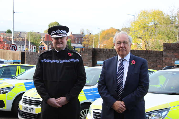 Chief Constable Mark Roberts at Market Square's Congleton Police station, with PCC John Dwyer.