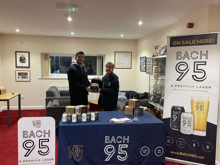 The Sale Sharks rugby pro is pictured here with club secretary Lindsay Newton.