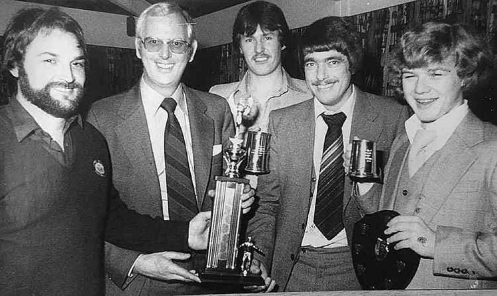 THOSEWERETHEDAYS: Former chairman Les Loveridge is pictured with the trophy winners at Lyme Regis Football Club's presentation night in 1980 – Howard Williams, Graham Golesworthy, Philip Hodder and Andy Brewer. Many of the ex-players have now