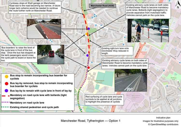 Manchester Road option 1 map- option 2 is the same except no bus borders (Image: CEC)