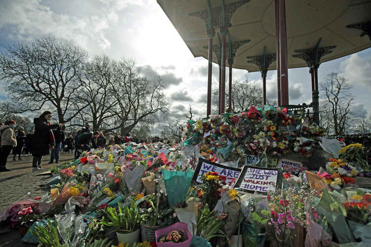 Tributes laid at the Clapham Common bandstand close to where Sarah Everard was last seen (Image: Radar).