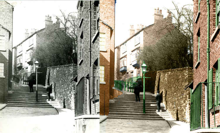 Smartly-dressed gentleman scale the steps of Brunswick, in Macclesfield.