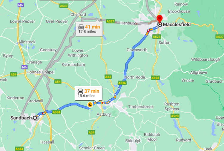 Sandbach residents will have to make an almost two-hour round trip to visit loved ones buried in Macc, with three hours travel time both ways on a train. (Credit - Google)