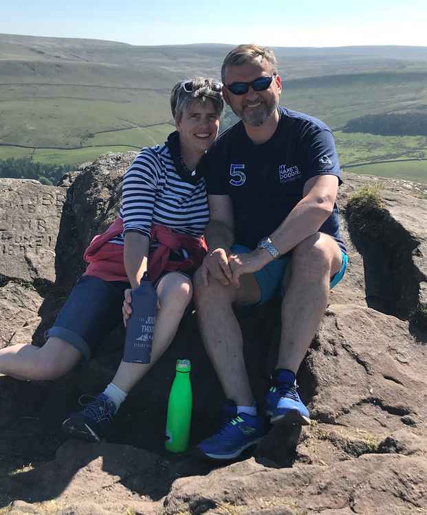 Sandy and his wife on top of Shutlingsloe, on a fundraising hike supporting the My Names Doddie Charity, raising money for Motor Neurone Disease.