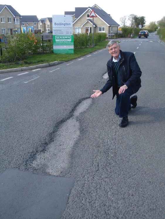 Barrie with pot holes outside Bollington's tip. (Image - Bollington Conservatives)