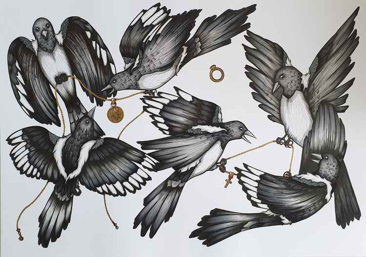 Eleanor also takes commissions for non-endangered species. This magpie landscape artwork is one of her most popular. (Credit - Eleanor Blackwork / @eleanorblackworkart)