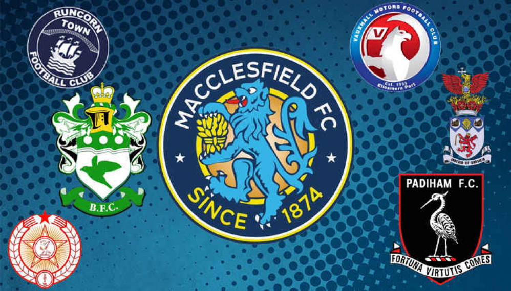 Here's the facts you need to know about Macclesfield FC's opponents next season. (Credit - From Clockwise: Macclesfield FC, Vauxhall Motors, Irlam, Padiham, AFC Liverpool, Burscough, Runcorn Town).