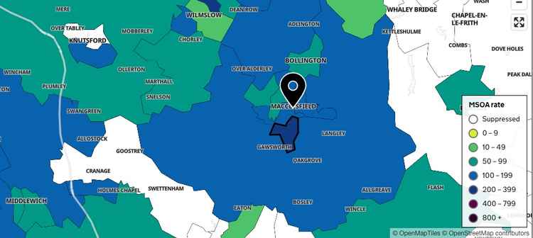 The darker the colour, denotes the more COVID-19 cases found in the most recent data available. In the area Macclesfield Nub News covers, the Wards around Macc Town Centre are the highest, whereas there are just six cases in Bollington.