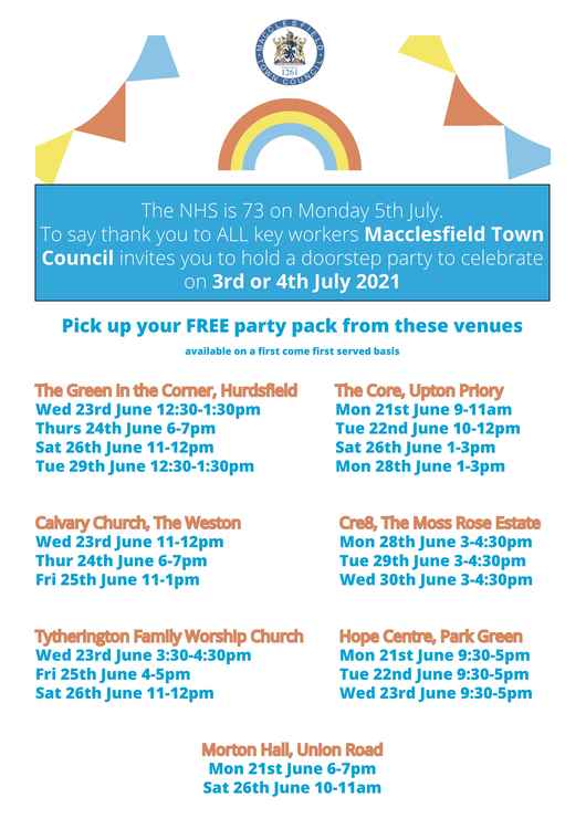 You can collect pre-made party kits for your houses from these locations, to help show your support for our NHS. (Image - Macclesfield Town Council)