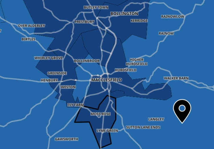 Areas in the darkest blue have the most cases. Macclesfield has one of the highest current case rates in Cheshire.