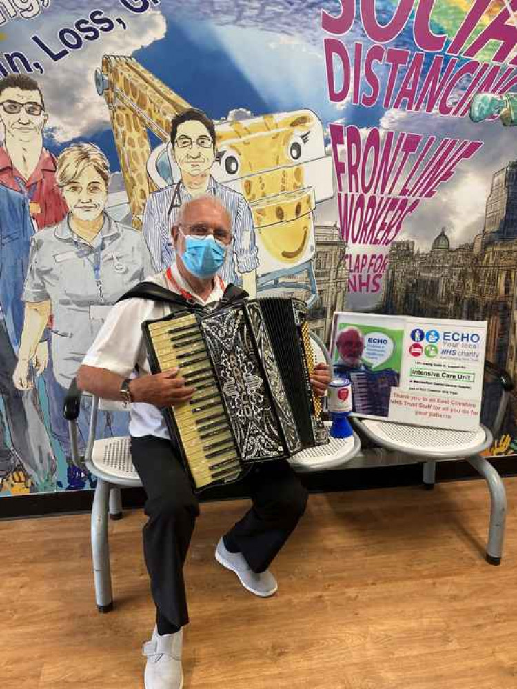 Macclesfield man John Jones (79), playing the accordion at Macclesfield Hospital.