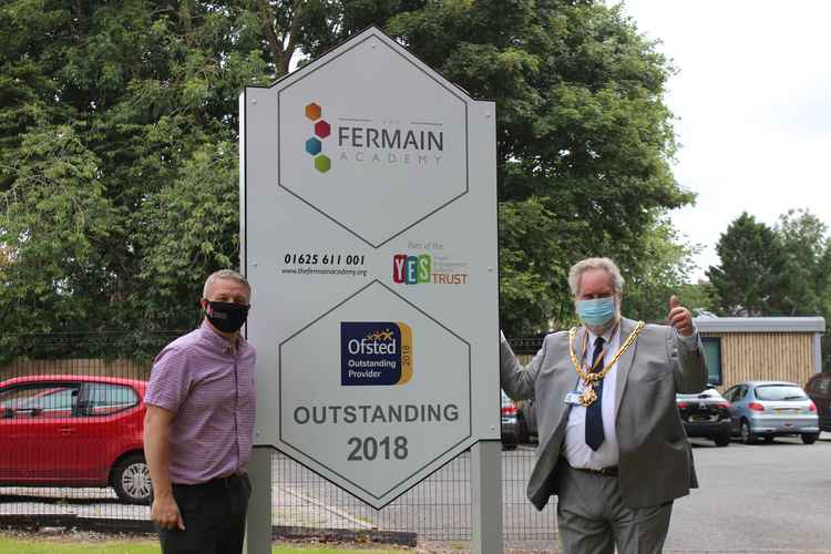 Macclesfield Mayor David Edwardes pictured outside The Fermain Academy with Headteacher Lee Cambray.