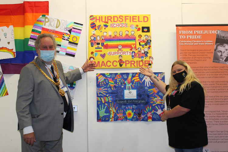 Cllr David Edwardes, who is the current Mayor of Macclesfield, is pictured at the pop-up with Macc Pride Committee Member Paula.