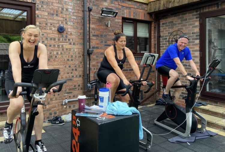 Sarah's personal trainer Tina Smyth (left) organised the cycle. Sian Thomson-Howitt (centre) and Iain Thomson (right) also took park.