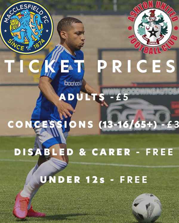 Here's all the info you need for Saturday's friendly against Ashton United. You can buy your tickets now from the Club Reception. (Image - Macclesfield FC)