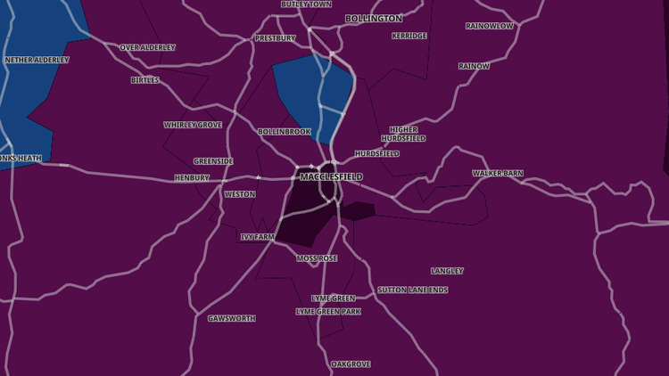 Areas in purple have a case rate of at least 400 cases per 100,000 people or higher. Macclesfield Tytherington in blue has the lowest. (Image - GOV.UK)