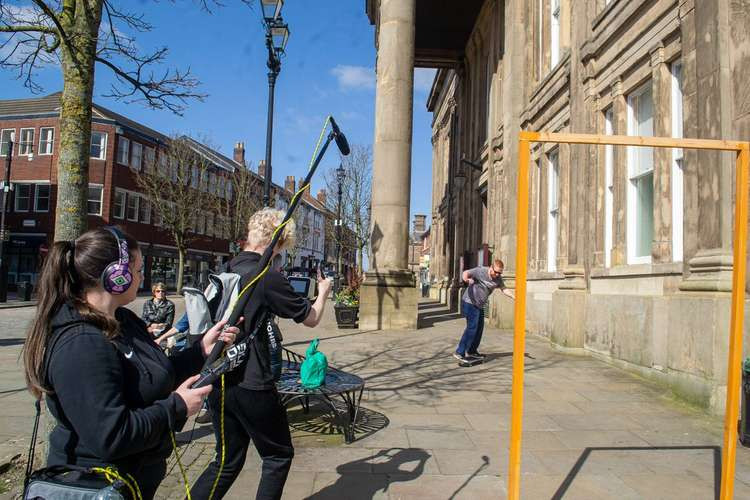 Skateboarders in front of Macclesfield Town hall is featured in 'Macc Assemble'. (Image - Flownamix Media Productions)