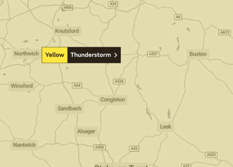 Watch out: There will be chances of thunderstorms in Macclesfield and Cheshire from Friday morning to Saturday afternoon. (Image - Met Office)