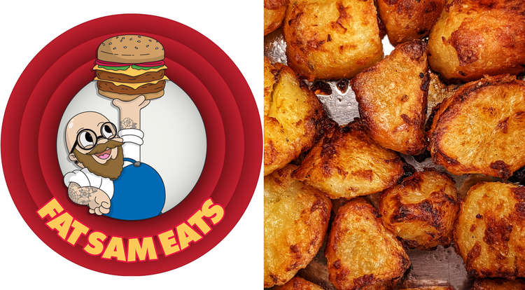 The Macc lad's cartoon logo is pictured next to some gorgeous-looking roast potatoes. (Image - @jackbailey_design / @fat.sam.eats)