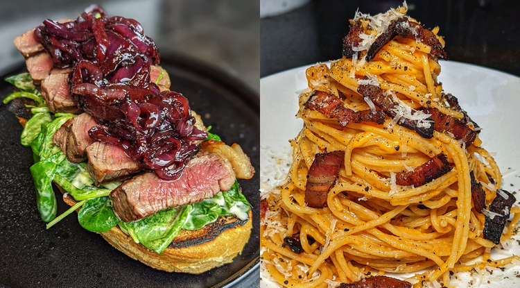 Sam's Steak on Toast alongside a meaty spaghetti carbonara, with over 6,000 combined likes. (Image - Samuel Bradbury / @fat.sam.eats)