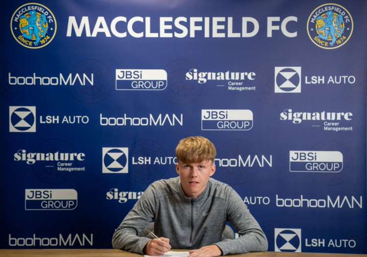 Goalscorer James Berry-McNally will play for Macc until January 2022. Berry-McNally, is Macc's first ever loan player, who is being leased to our club from Altrincham. (Image - Macclesfield FC)