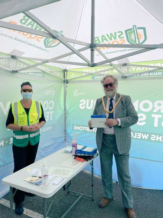 The Mayor of Macclesfield Cllr David Edwardes visited a Cheshire East Swab Squad testing station at Hibel Road Tesco earlier this month. (Image - @CEC_SwabSquad)