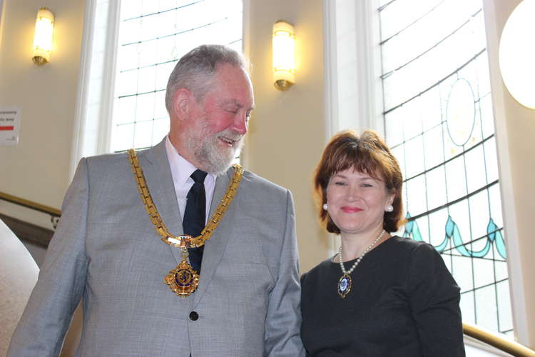 A candid snap of the Mayor and Mayoress after the citizenship ceremony on the steps of Crewe Town Hall.