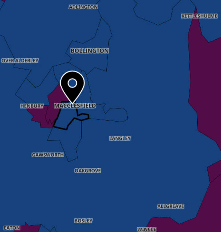 Areas in purple have more cases per 100,000 people than those who do. Pinned is Central Macclesfield.