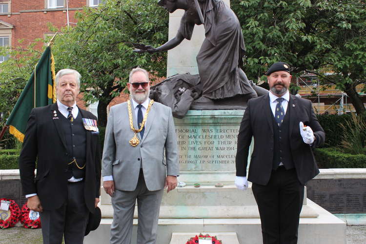 Macclesfield Royal British Legion Chair Allan Williams is left, Macclesfield's Mayor David Edwardes is in the centre, and Macc RBL Honorary Treasurer and Parade Marshal Peter Lake is right.