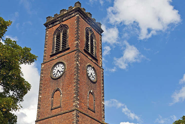 West tower of Christ Church, Macclesfield, Cheshire, seen from Shaw and Waterloo streets. (Image - CC 3.0 Cropped Daniel Case bit.ly/3iHGNm1)