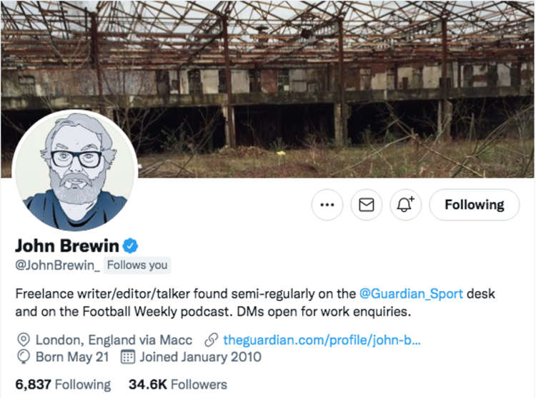 Freelance sports journalist and popular twitterer John Brewin follows Macclesfield Nub News. Thanks John!