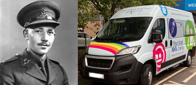 This new Macclesfield hospital patient vehicle has been bought thanks to generous public donations, many inspired by Captain Tom. Left image: British Army Public Domain.