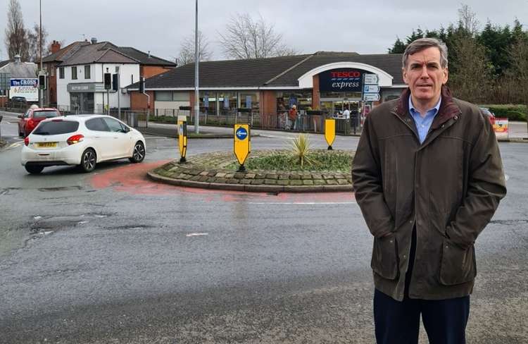 David Rutley MP at the Broken Cross roundabout near to the site, and part of the planning terms. (Image - David Rutley MP)